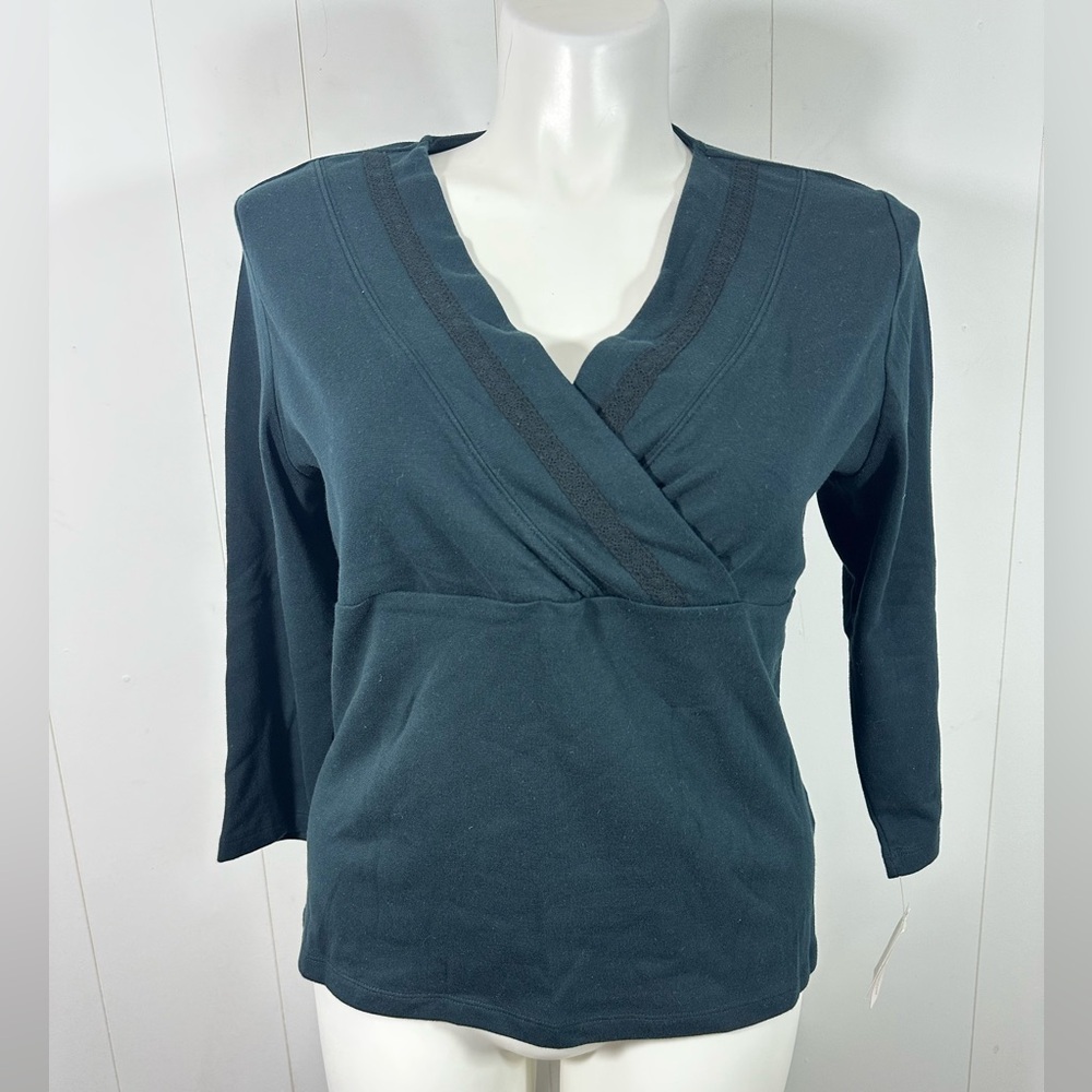 NWT Croft & Barrow Stretch Sz Large Green 3/4 Sleeve V-neck Top Cotton Casual